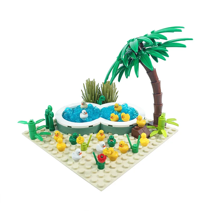 MOC Swimming Pool Duck Nest Building Blocks Set Tree Flower And Grass Park Animals Pond Bricks Toys For Children Birthday Gifts