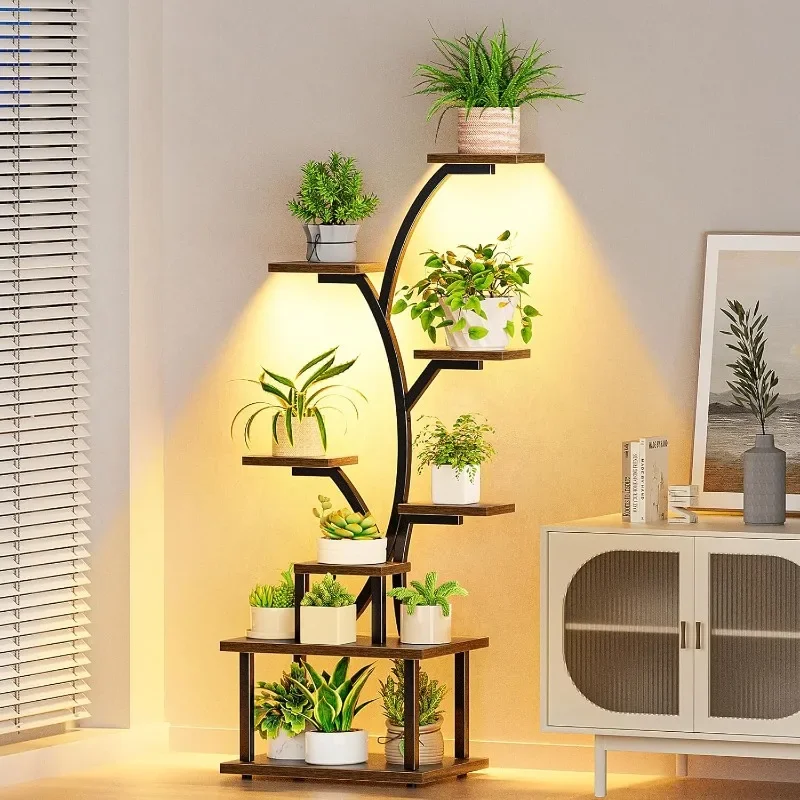 

Подставка для растений в помещении с подсветкой для выращивания растений, 8-уровневая многоуровневая полка для растений, подставка для растений высотой 56,7 дюйма с подсветкой, S-образная угловая подставка для растений