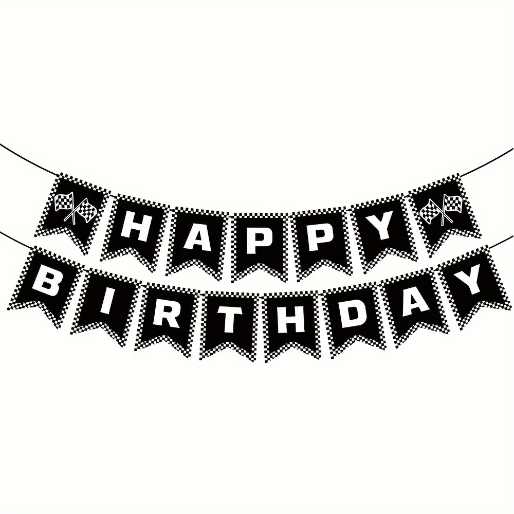 Race Car Happy Birthday Banner, Race Car Birthday Party Decorations Checkered Flags Black and White Racing Banner