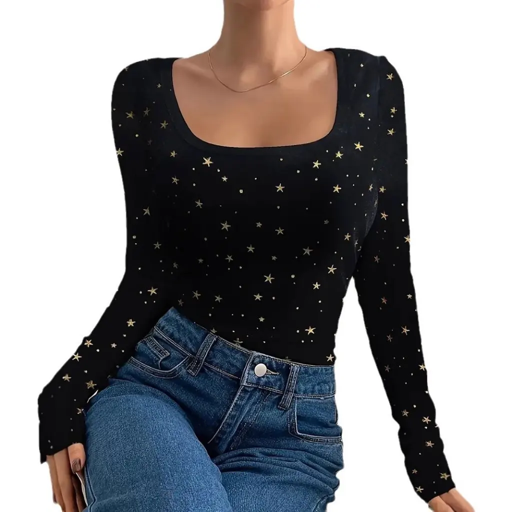 

Women's Long-Sleeved Slim Fit T-Shirt Star Printed All-Match European And American Style Autumn Winter Top