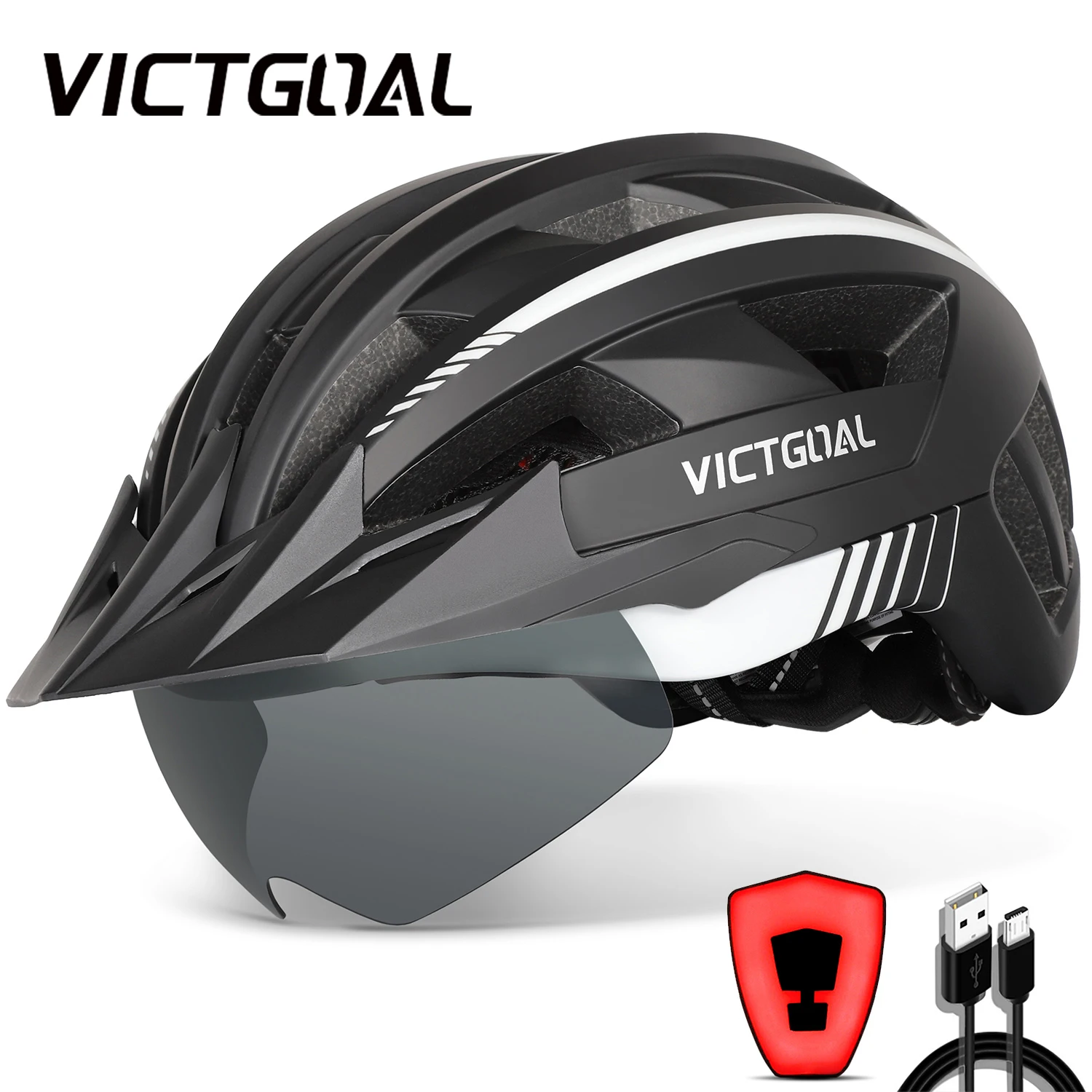 Victgoal MTB Bicycle Helmet Moutain Road USB Rechargeable Backlight Cycling Helmet Sun Visor Polarized Goggle Light Bike Helmets