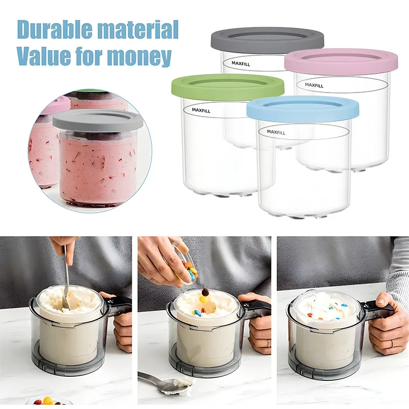 Creami Pints and Lids for Ninja - 4 Pack Creamy Icecream Containers Cups Jars Tubs Canisters Set, Smoothie Pot Compatible