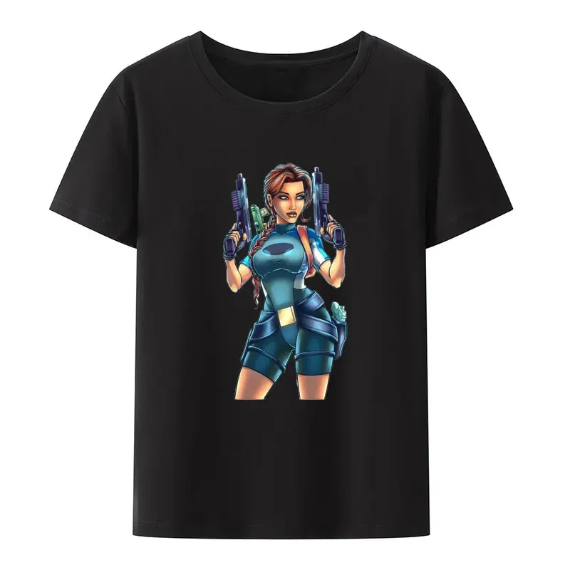 

Tomb Raider Lara Croft Black White Print T Shirt Men Women Short Sleeve O-neck Fashion Streetwear Creative Popular Hipster Shirt