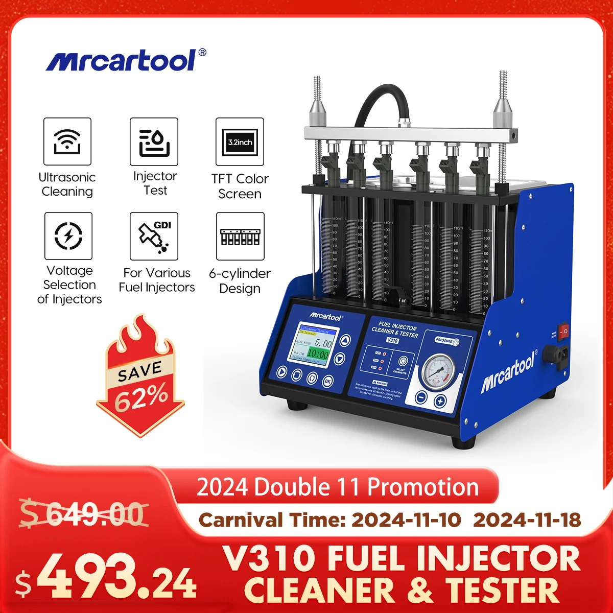 MRCARTOOL V310 Car Fuel Injector Tester Cleaning Machine 6 Cylinder Inspection Tool GDI Fuel Injector Diagnostic Tool