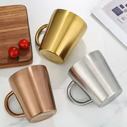 300ml Double-Layer Water Cup Home Dining Drinkware Mugs 304 Stainless Steel Beer Cup Gold Sliver Coffee Mugs With Handle