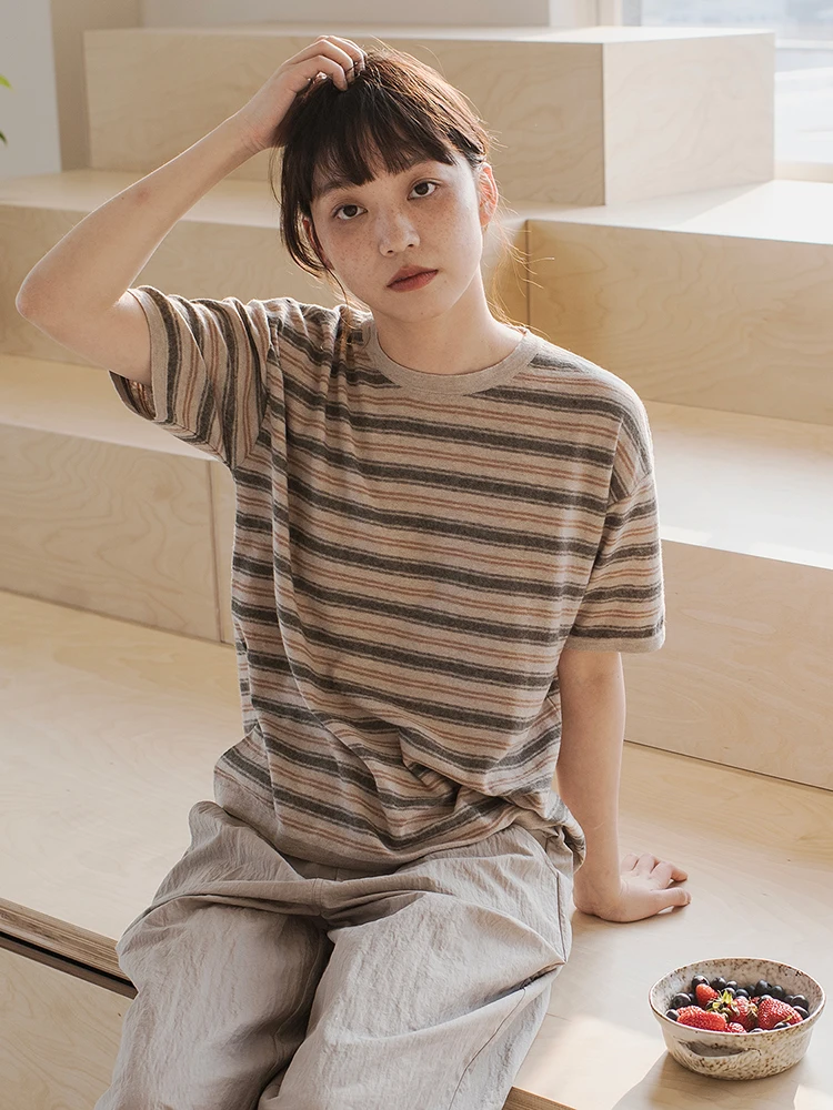 

Summer Knitted Cotton Stripe Loose round Ne ort Sve T-irt Women's Classic Series Linen Nylon Blend Comfortable Fit Tee