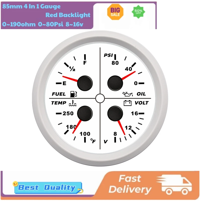 

85mm Multifunction Devices 0-80Psi Oil Pressure Gauges 240-33ohm Fuel Level Meters 8-16v Voltmeters Water Temp Gauges for Cars