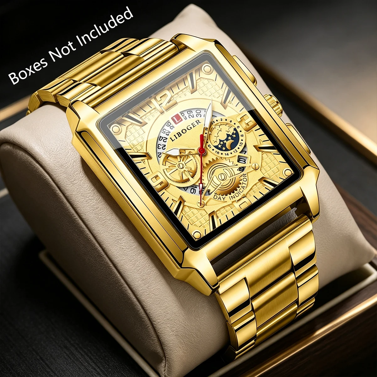 Luxury Men Business Watch Rectangle Calendar Quartz Wristwatches with Golden Stainless Steel Band Relogio Masculino（Without Box