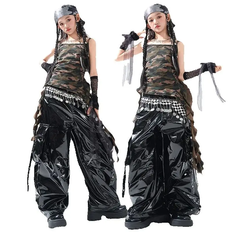 新しい女の子ジャズダンス衣装迷彩ベストレザーパンツ子供社交ダンス服子供ヒップホップ服 SL13552