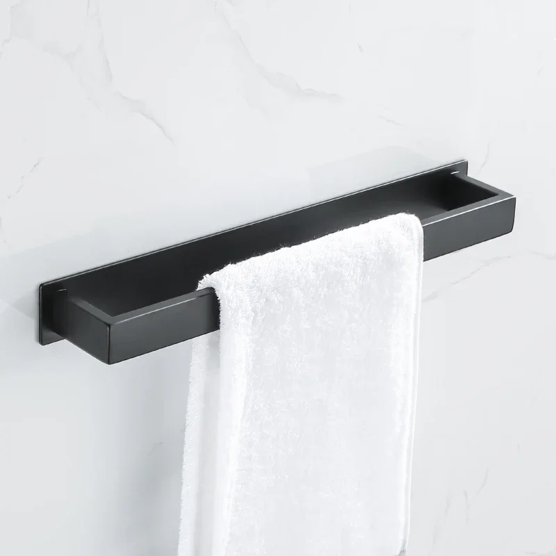 

Black Stainless Steel Towel Holder No Drill Wall Shower Towel Shelf Kithchen Towel Hanger Rail Bathroom Towel Rack Self Adhesive