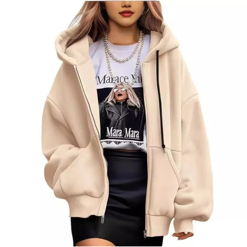 

2025 New Style Solid Color Hooded Autumn and Winter Sweater Long-Sleeve Jacket Women's Loose Zip-Up Top