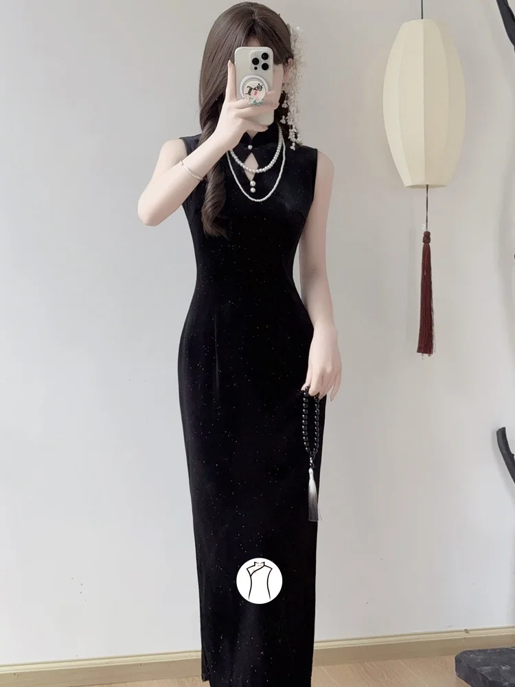 

Black Velvet Sleeveless Long Slimming Elegant Vintage Shanghai Style Spring Summer New Arrival 2026 Women's Fashion