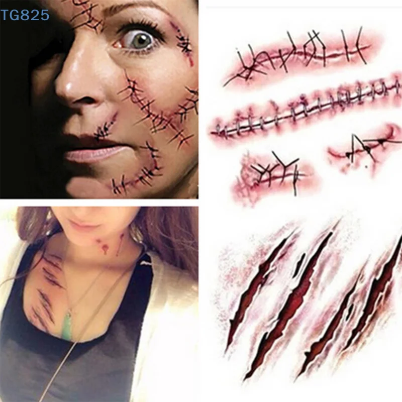【AN】DIY Wound Blood Wound Stickers Halloween Tattoo Stickers Zombie Scar Tattoo Simulation Horror Bleeding Suture Scar Stickers