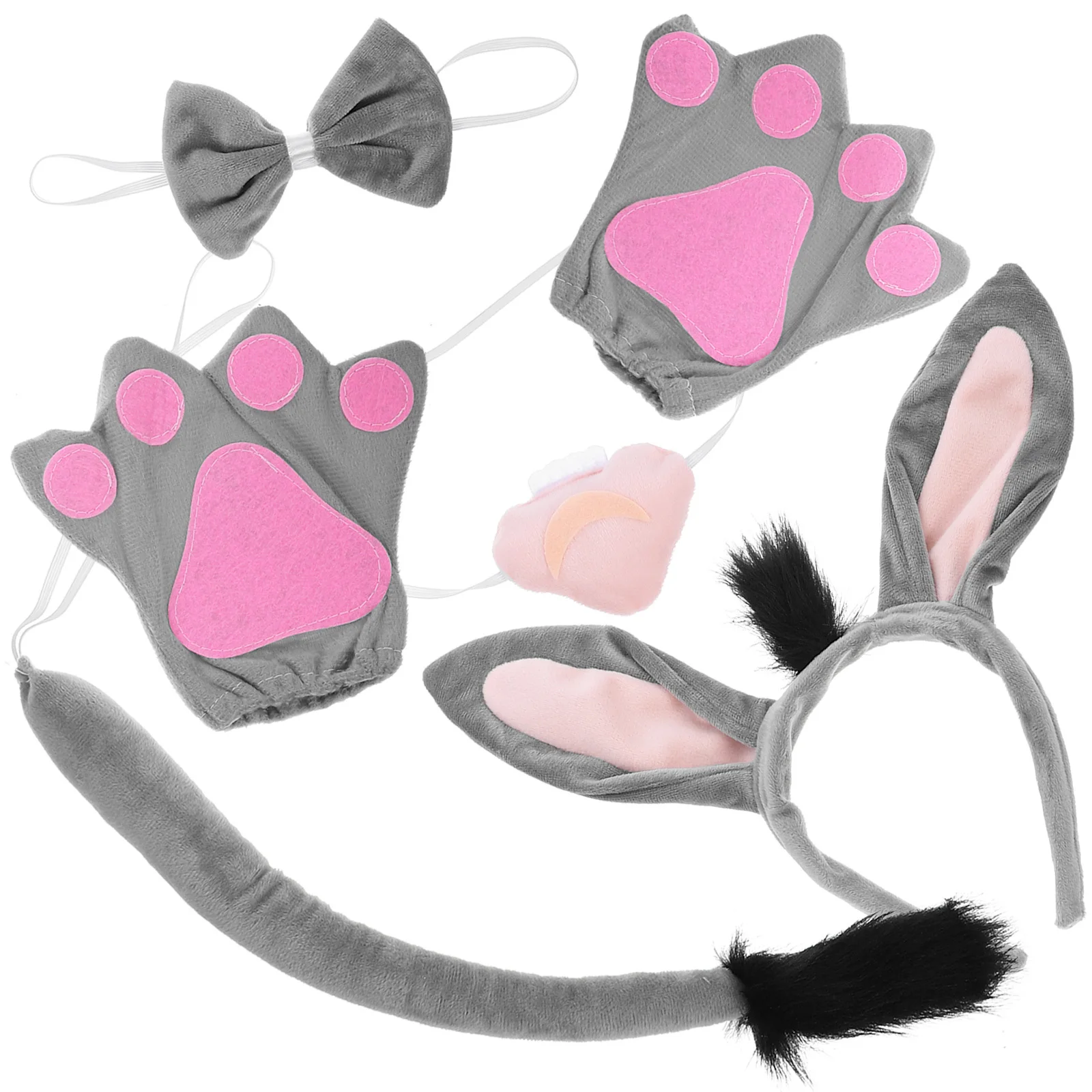 1 conjunto de fantasia de burro com orelha de animal, tecido macio cinza, conjunto de cosplay, cauda, performance de palco, acessórios para cabelo