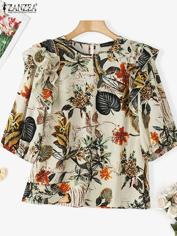 ZANZEA Vintage Summer Blouse Short Sleeve Women Ruffled Shirts 2025 Printed Tunic Tops Casual Loose Bohemian Blusas Cotton Tees