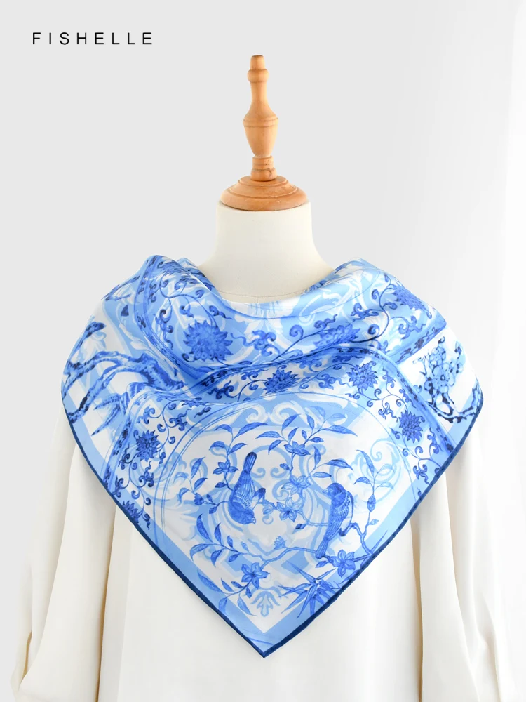 Blue flowers birds 100% natural silk scarf square head scarves twill luxury gift women wrap bandana hijab shawl lady neckerchief