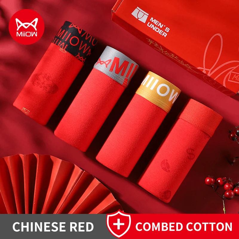 MiiOW 6Pcs Autumn Winter Cotton Men Underwear Antibacterial Men's Panties New Year's Red Boxershorts Man Boxer Briefs Underpants