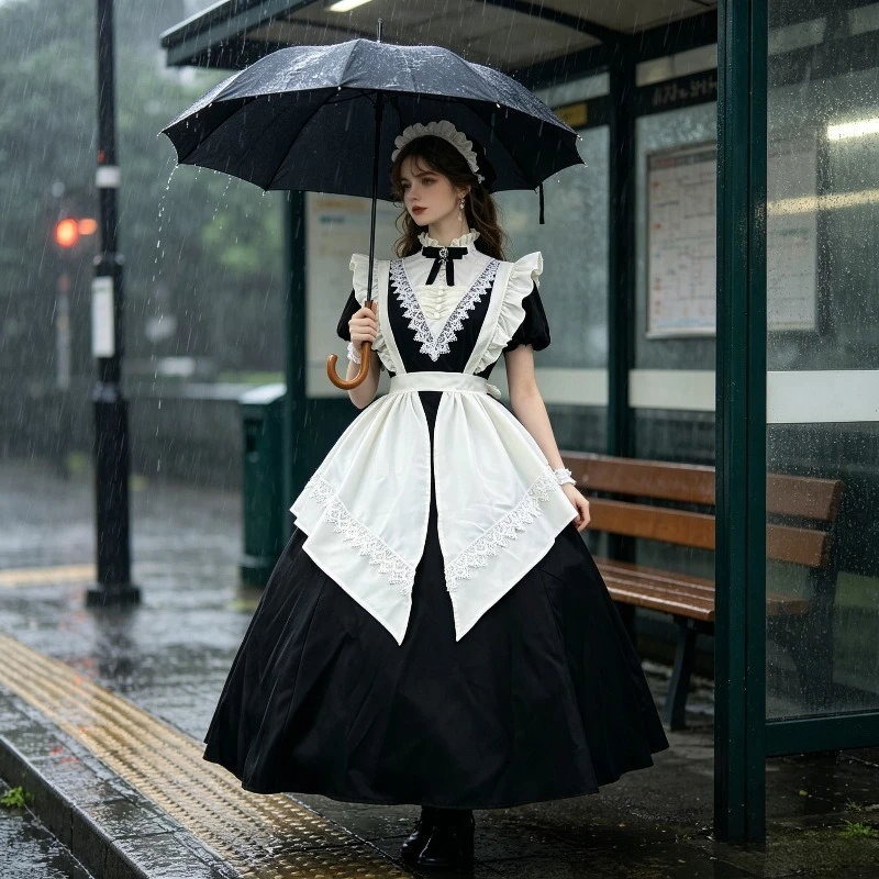 

Black Sweet Cool Long Skirt with Detachable Sleeves and Apron for Multi Wear Design Halloween and Christmas Party Costumes