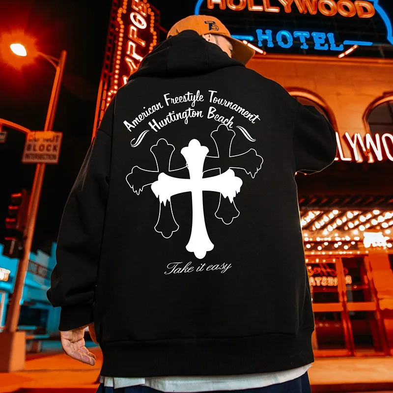 

New High Street Hip Hop Cross 3D Printed Hoodie Versatile Warm Fleece Couple Top Trendy