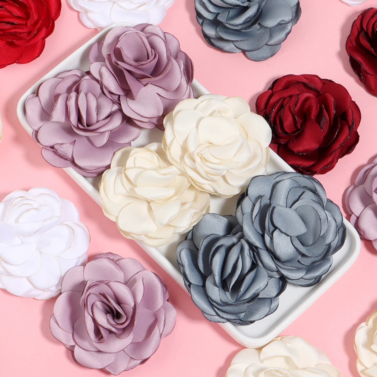 3Pcs/Lot 5cm Satin Fabric Flowers Handmade Burned Edge Camellia Flower For DIY Sewing Crafts Clothing Accessories Wedding Decor