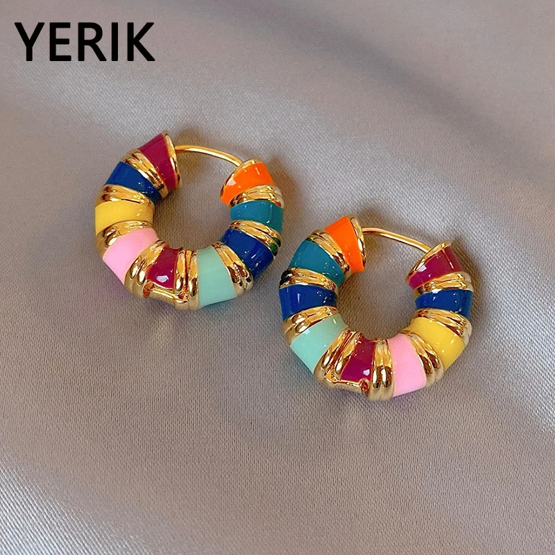 Yerik French Romantic Retro Enamel Round Gold Color Ear Buckle 2023 New Hoop Earrings for Womens Fashion Jewelry Accessories