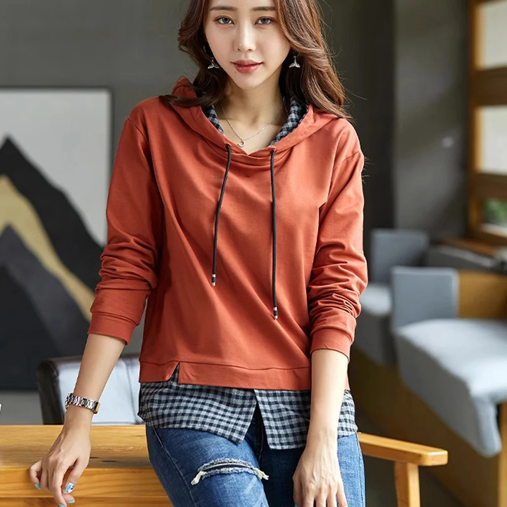 European station hooded pure cotton long sleeved t-shirt women's autumn clothing fashionable plus size loose casual quality top