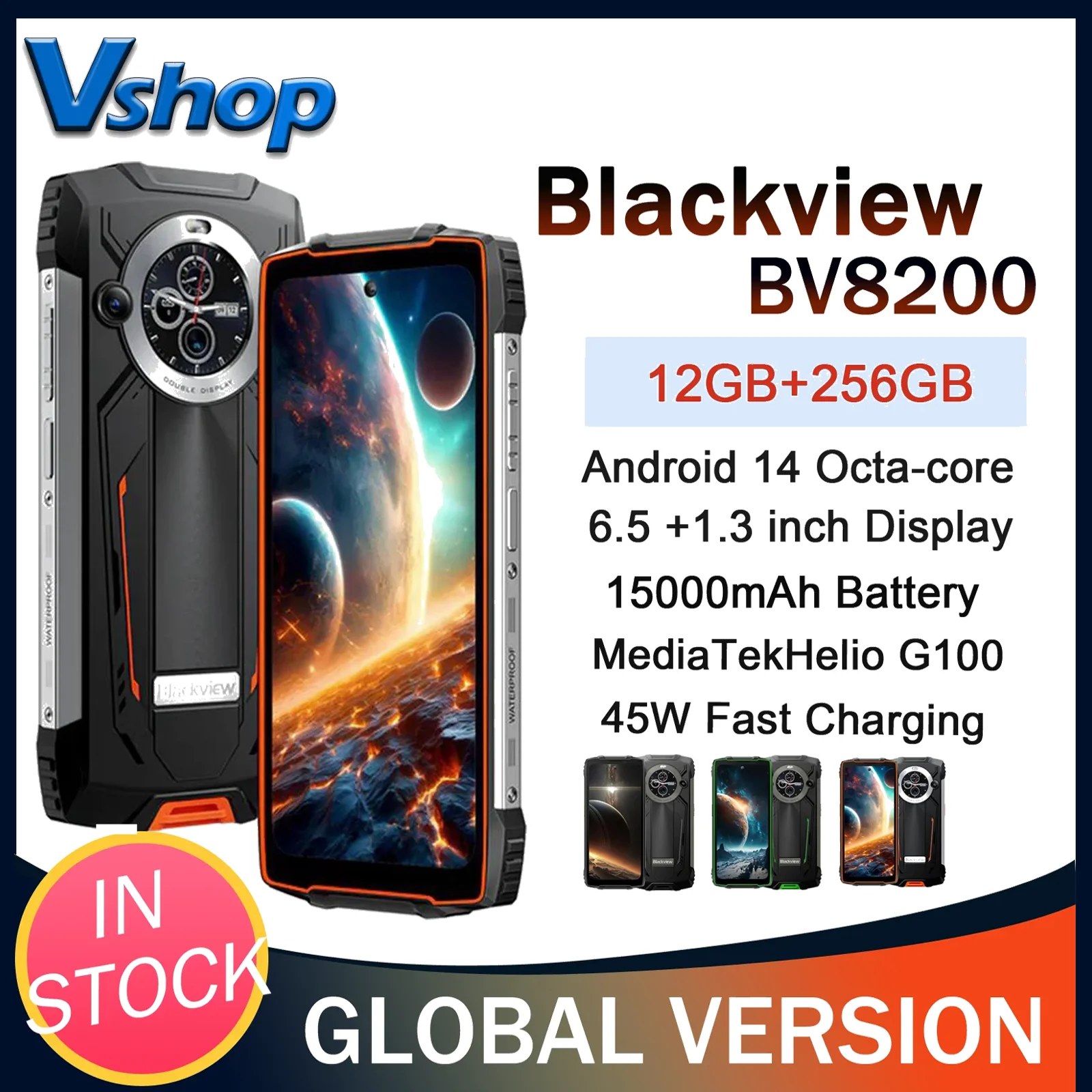 BlackviewBV8200RuggedPhone12GB+256GB6.5"+1.3"DisplayAndroid14NFCFlashlight45W8800mAhMediaTekHelioG100MT87814G-AliExpress509