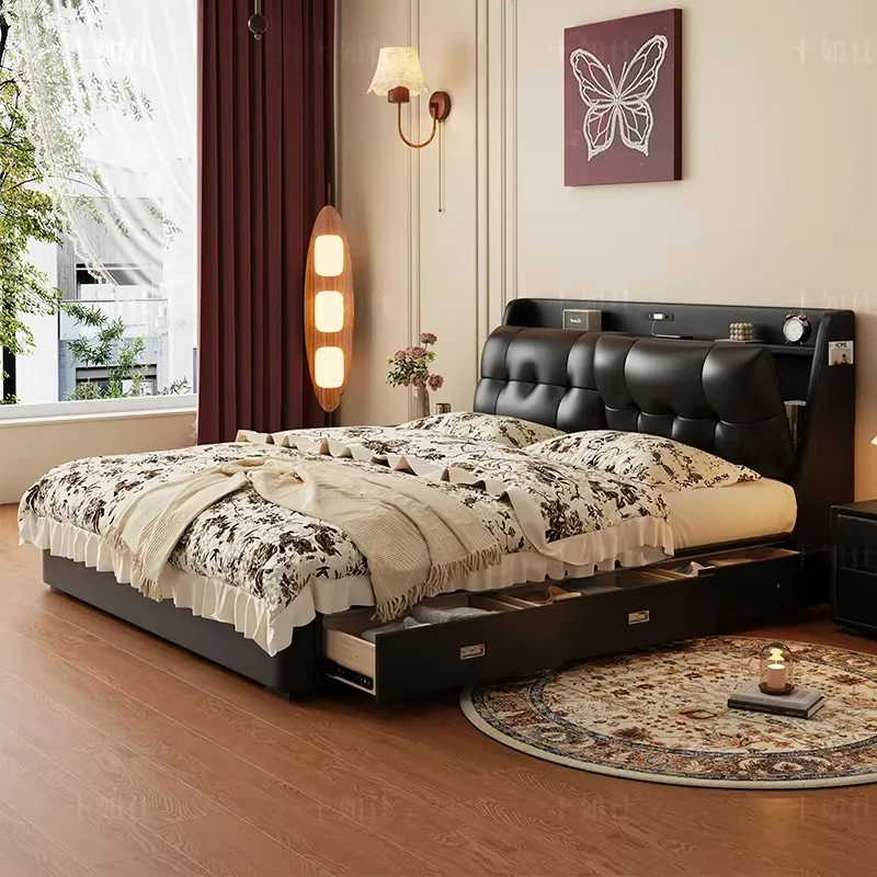 Leather Luxury Double Bed Storage Space Drawers Modern Platform King Bed Bedroom Loft Wooden Floor Cama De Casal Furniture Home