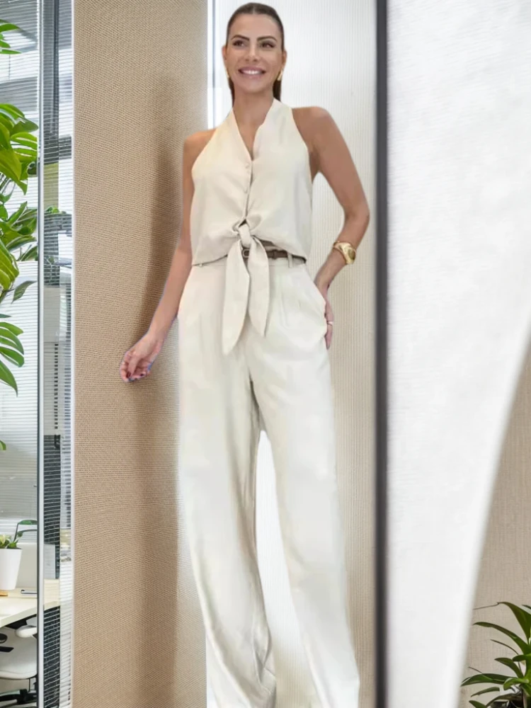 New Elegant Women's Wide Leg Pants Sets Sleeveless Shirt Suits High Waist Trousers Vest Set for Women 2 Pieces Clothing 2024