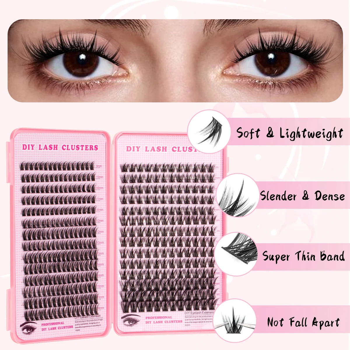 DIY-Cluster, Wimpern, natürliche Wimpernverlängerung, Schwalbenschwanz, segmentierte Wimpern mit Bindung und Siegel, Wimpernpinzette