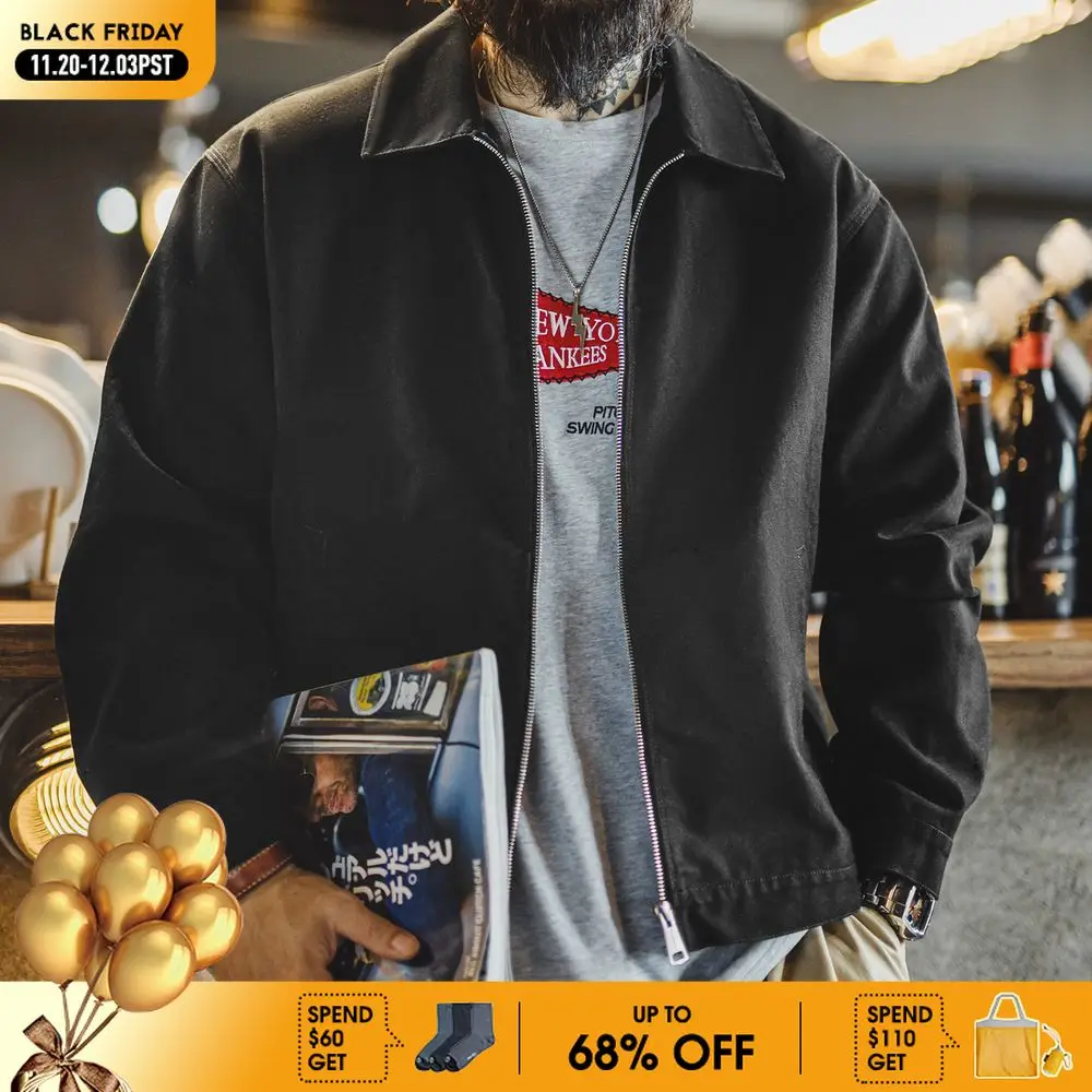 

Maden Men's Vintage Ike Jacket Heavyweight Black Cotton Zip-Up Coat Lapel Collar Casual Outdoor Mountain Jacket for Spring Fall