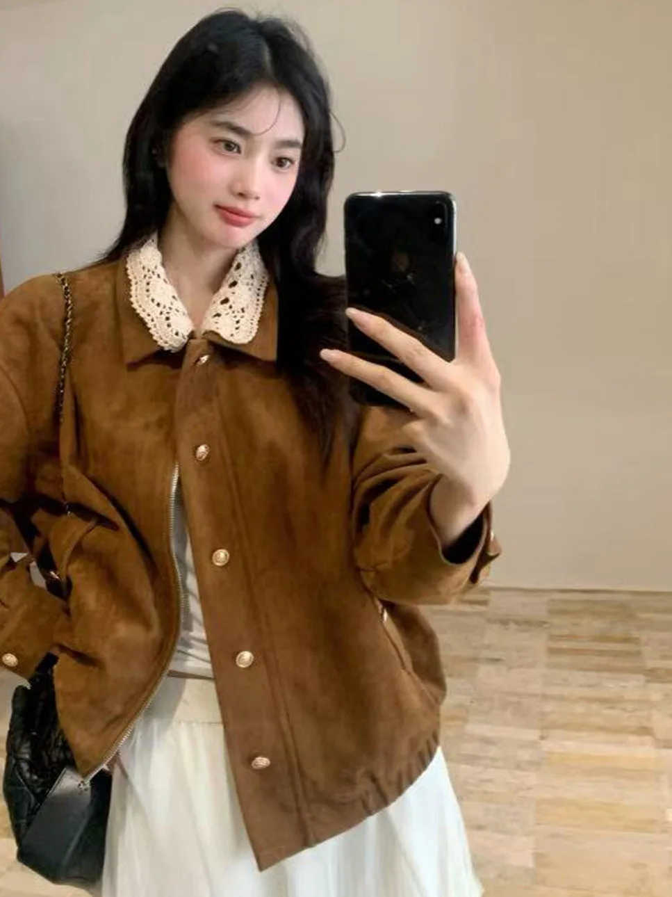 Removable Collar Brown Jacket Korean Style Spring Autumn Winter Women's Fashion Outerwear Campus Street Style Travel Date
