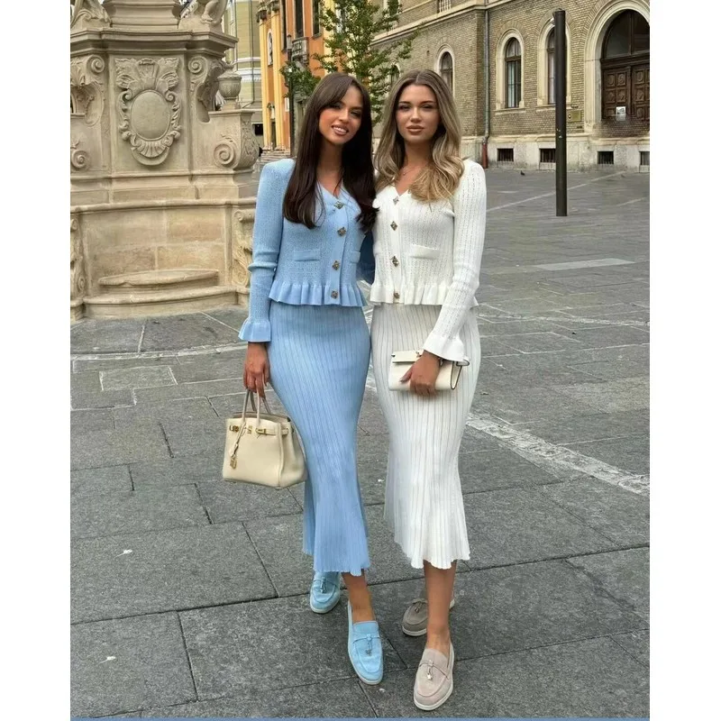 Fashionable Lotus Leaf Vneck Top And Skirt Set Women's Long Sleeve Ensemble Spring Season Casual Wear Office Suitable