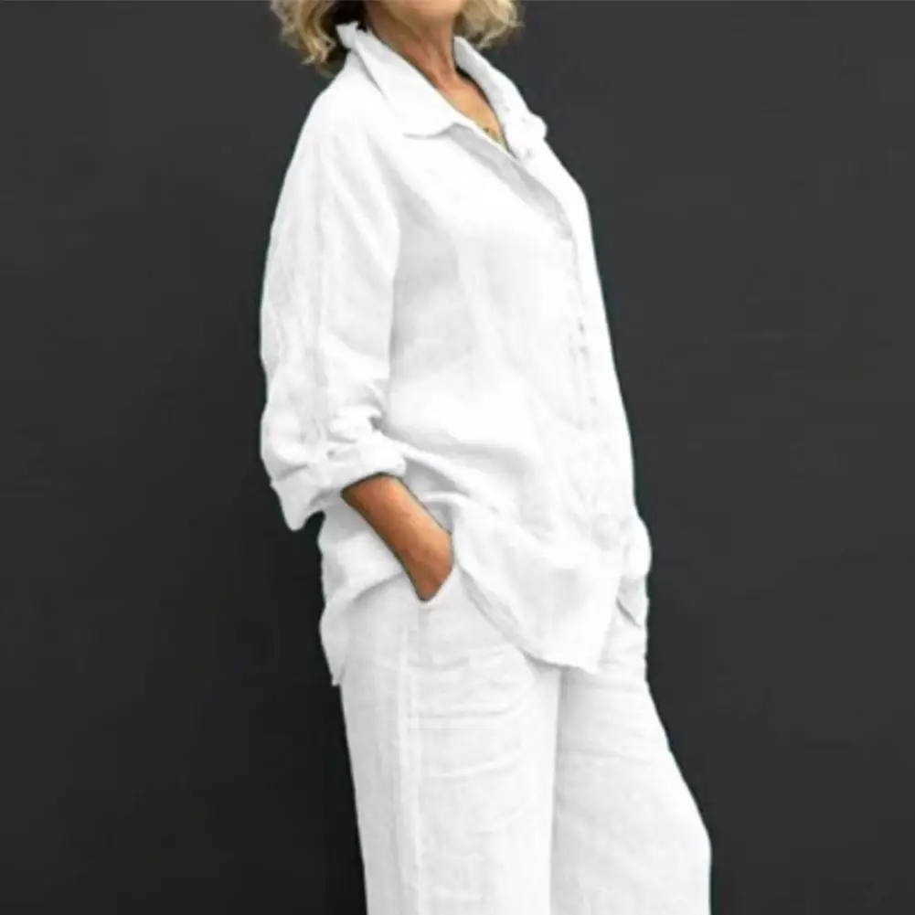 Pantaloni della camicia delle donne dalla vestibilità ampia Set di pantaloni della camicia monopetto a maniche lunghe con risvolto Set di pantaloni della camicia autunnale a gamba larga completo da donna