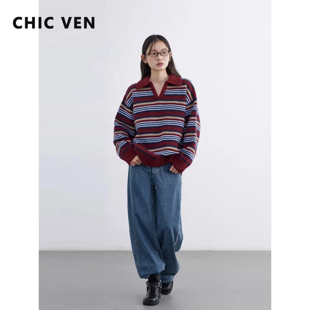 

CHIC VEN Women Pullovers Fashion Vintage Polo Neck Contrast Striped Knitted Sweaters Korean Lady Clothes Autumn Winter New 2026