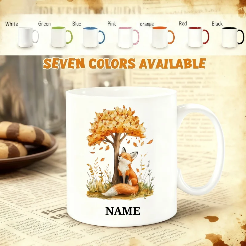 Customizable Name Mug – “Autumn Tree Under Fox” Design, Dishwasher Safe, Perfect Birthday and Holiday Gift, Unique Coffee Cup