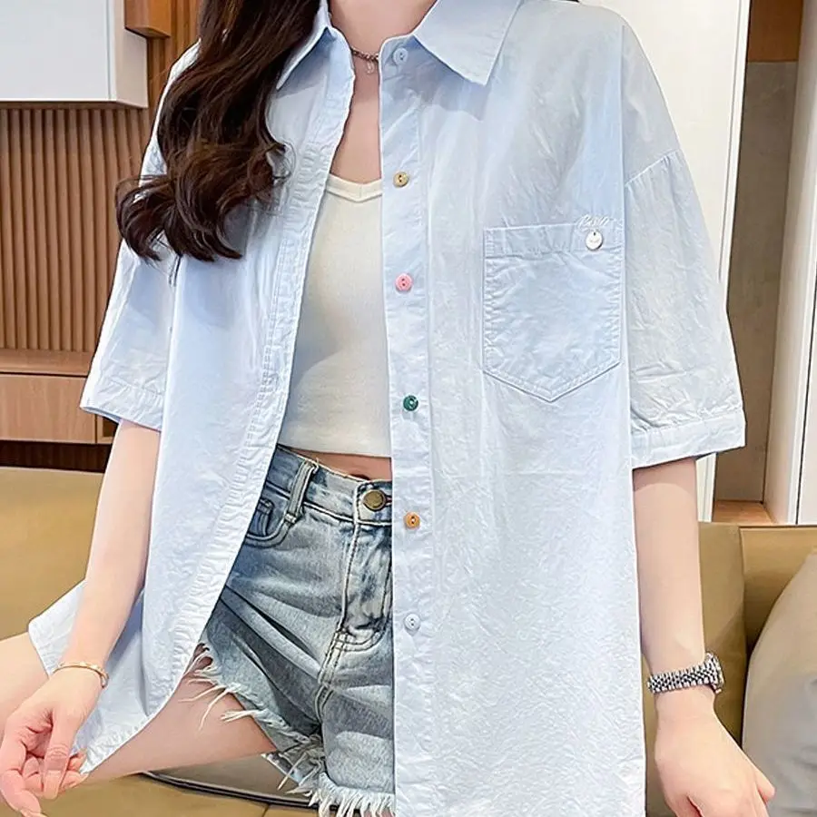 

Ladies' Summer New Loose Casual Short Sleeve Embroidered Shirt Thin Cardigan Style Top Breathable Korean Version Workwear
