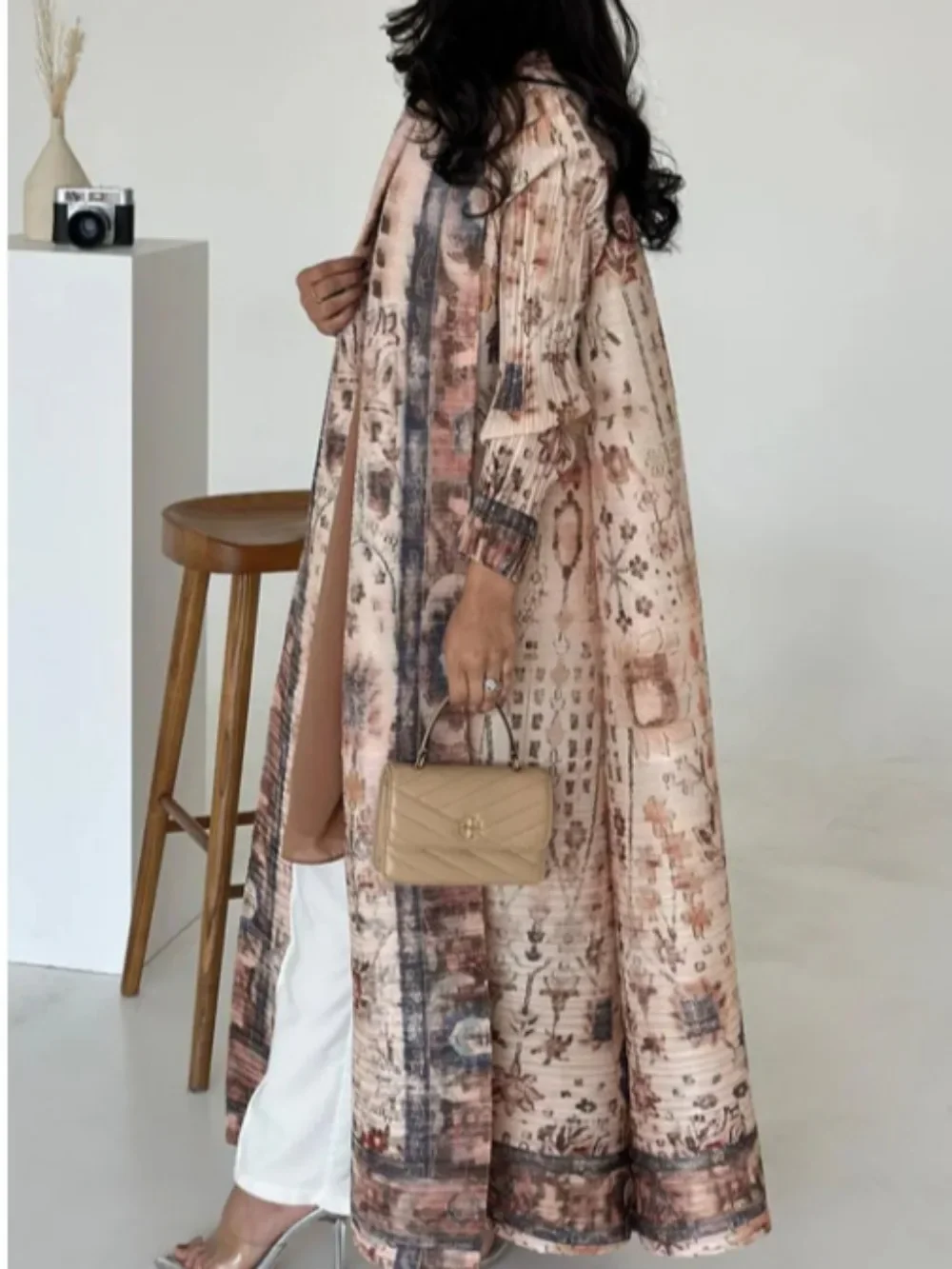 

Muslim Pleated Abaya Stretch Open Dress Dress Women Eid Maxi Caftan Cardigan Robe Print Dubai Kaftan Islam Vestidos Jalabiya