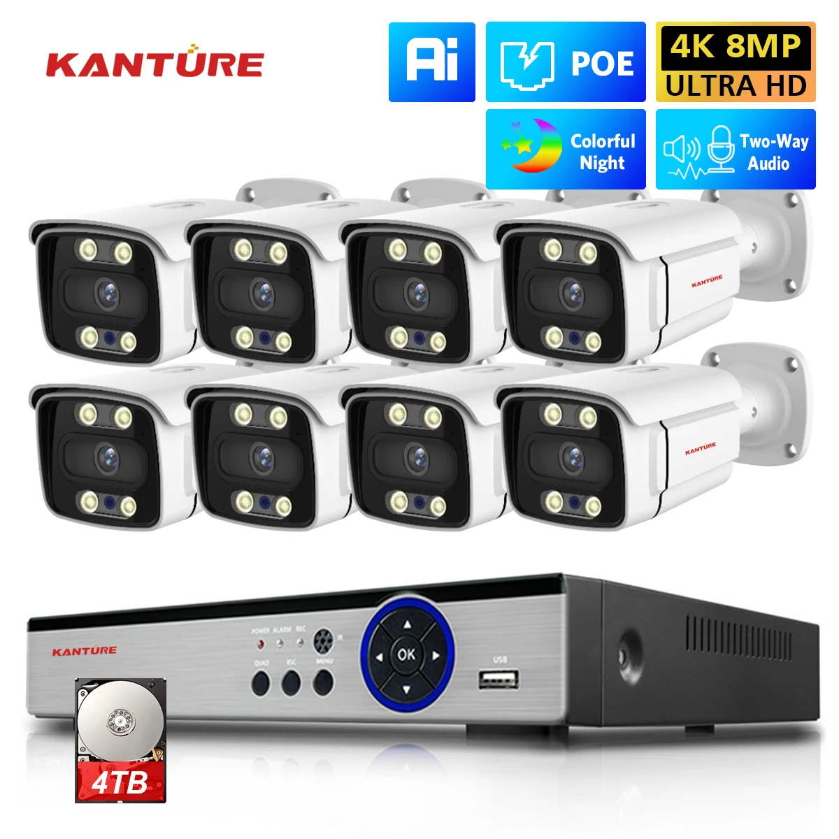 KANTURE-8 채널 4K CCTV POE NVR 8MP Ai 인간 감지 양방향 오디오 컬러 야간 보안 카메라 시스템 야외 비디오 감시 키트, 야간 투시경 Ai 