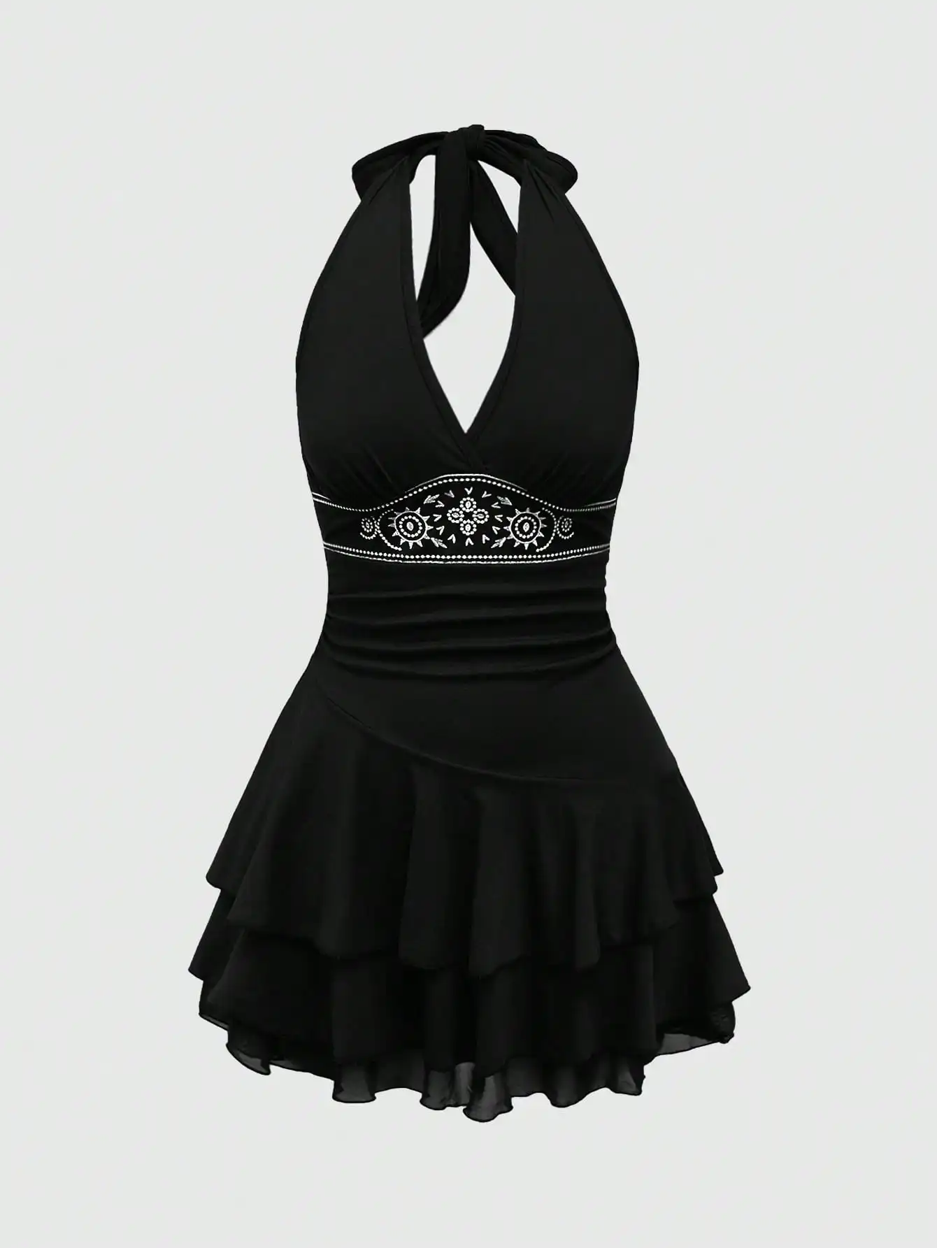 Boho geborduurde jurk met halterhals en gelaagde ruches voor dames - zomerse strandstijl