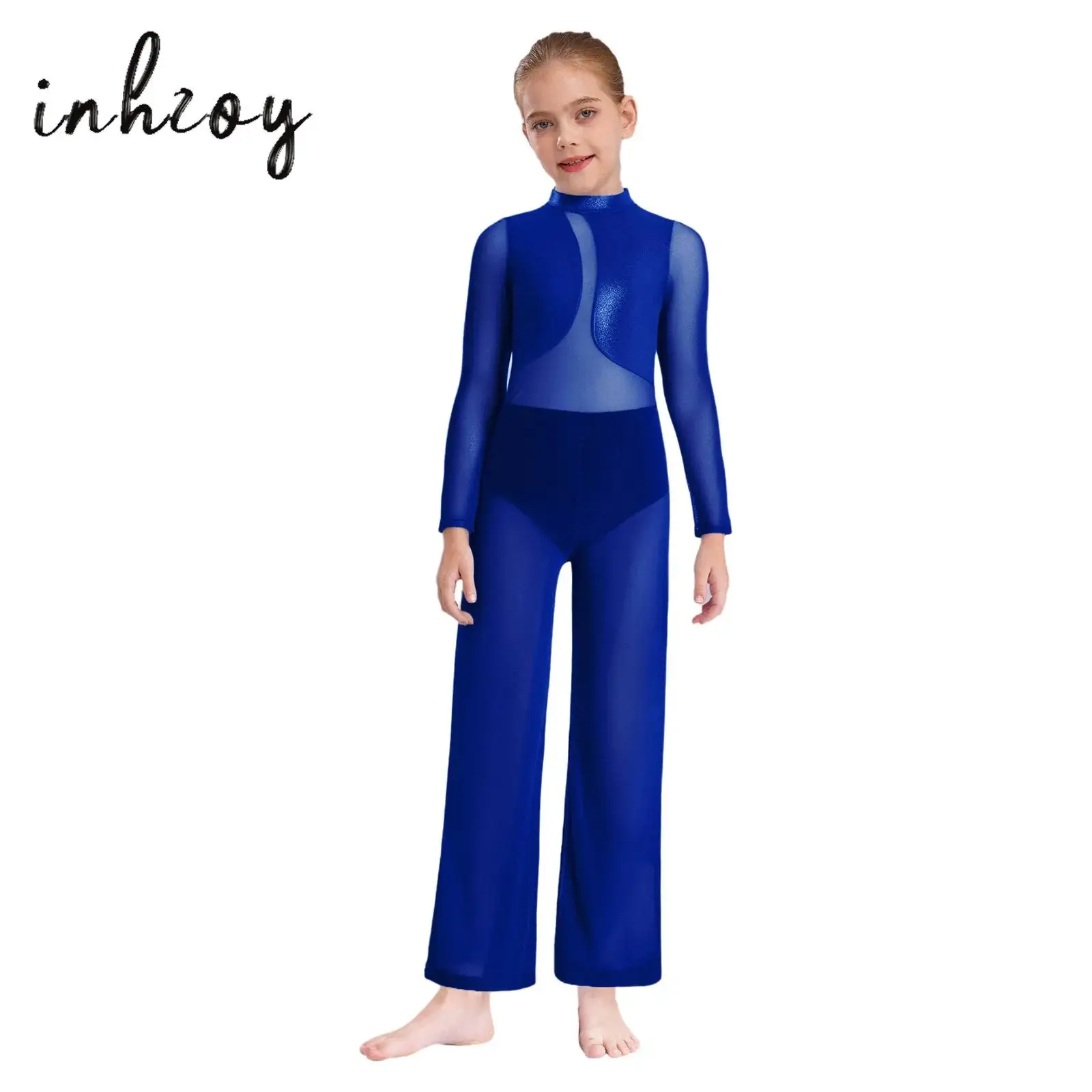 

Girls Metallic Gymnastics Performance Costume Sheer Mesh Patchwork Wide-Leg Jumpsuit Long Sleeve Keyhole Back Full Body Leotard