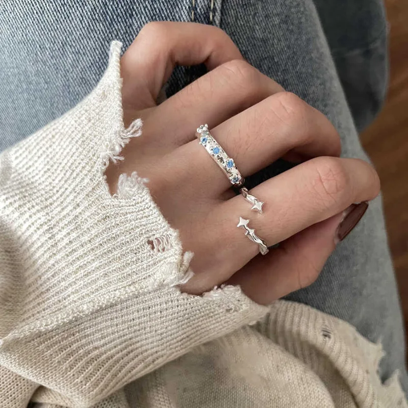 PANJBJ 925 Sterling Silver Blue Zircon Set of Rings For Women Girl Stars Flower Sweet Korean Trend Jewelry Gift Dropshipping