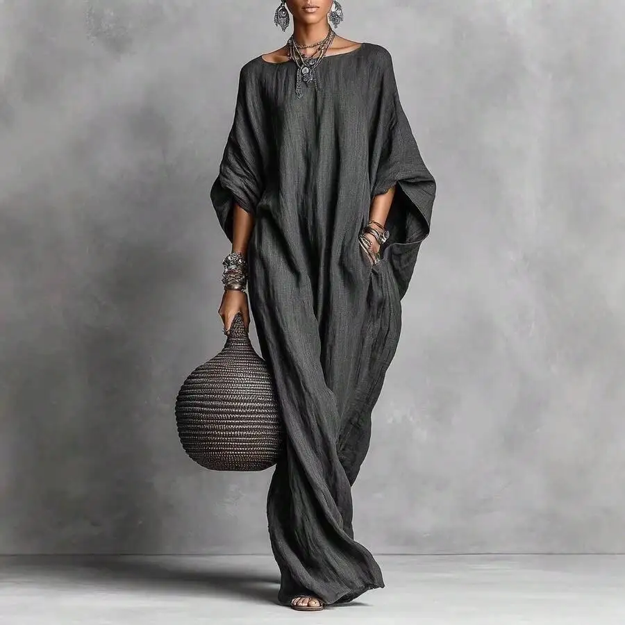 

Women Retro Solid Long Sleeve Off Shoulder Maxi Dress With Pockets Casual Flowy Lounge Dress