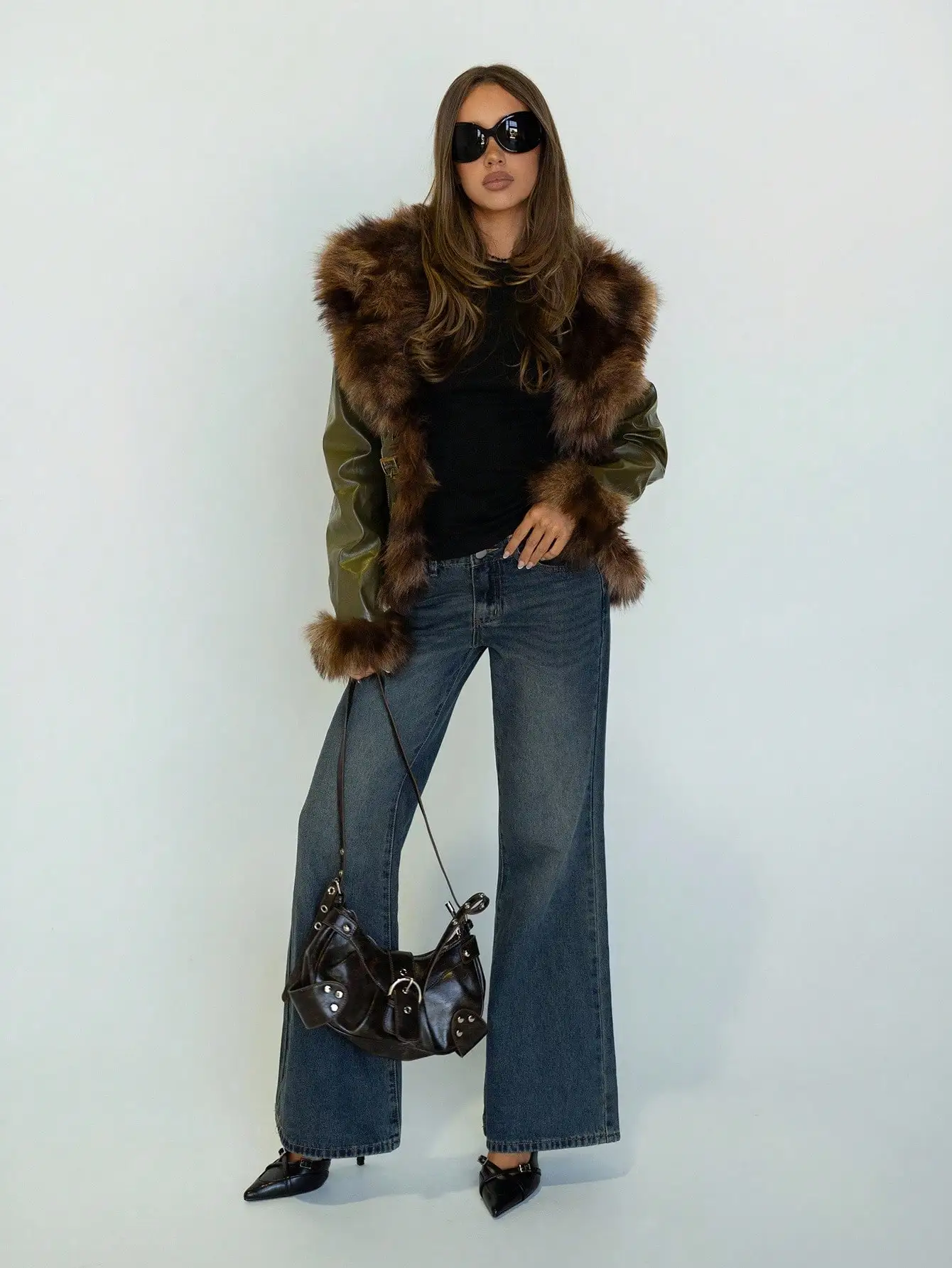 Zielona kurtka ze sztucznej skóry PU z wykończeniem ze sztucznego futra, szeroki kołnierz, dopasowany krój, idealna na jesień/zimę w stylu miejskim.