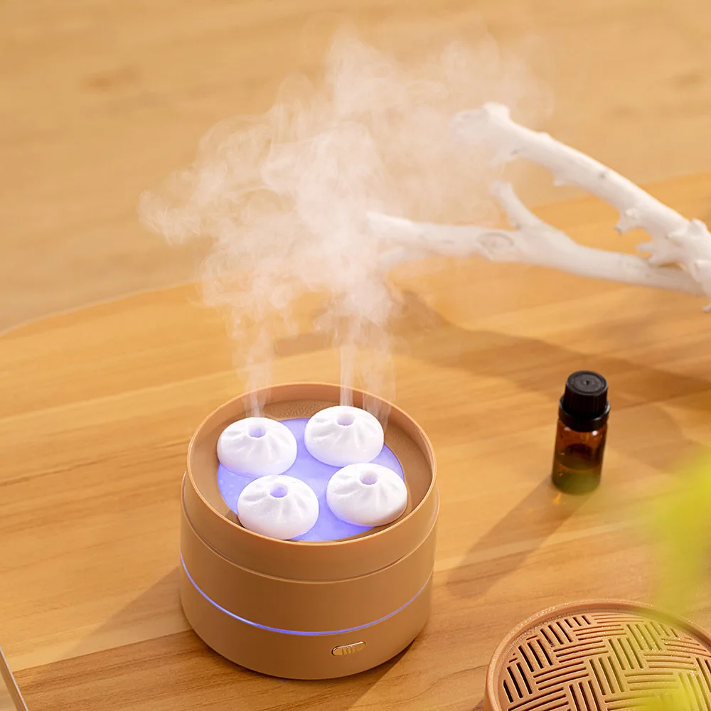 

200ML Essential Oil Diffuser USB Cute Steamer Bun Shape Hydrating Aroma Diffusor Night Light Home Small Appliances Mini Desktop