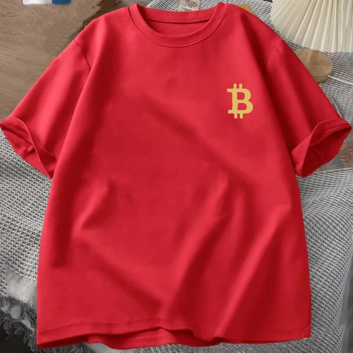الذهبي 3D بيتكوين شعار تي شيرت الصيف الرجال Trucksuit جولة الرقبة قصيرة الأكمام قمم القطن رياضية عارضة الأزياء البلوز #4