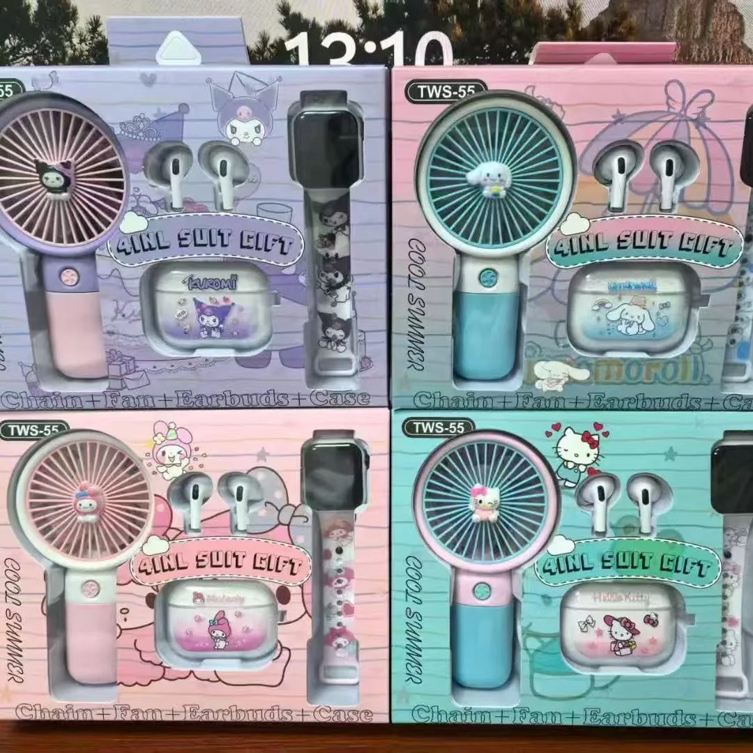 Para Kuromi nuevos auriculares Bluetooth inalámbricos de dibujos animados lindos TWS-55, mini ventilador, reloj y funda para auriculares