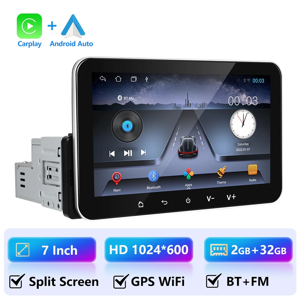 Camecho 7 "Autoradio 1 Din Carplay Android Auto 2 + 32G Multimedia Speler FM Bluetooth GPS WIFI MirrorLink Universele Autoradio