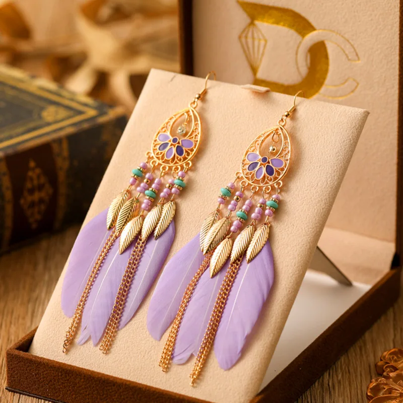 Boucles d'oreilles bohème ethnique goutte d'eau violette pour femme, boucle d'oreille plume, élégante, noble, goutte d'huile, perle de riz, fête, bijoux de mariage