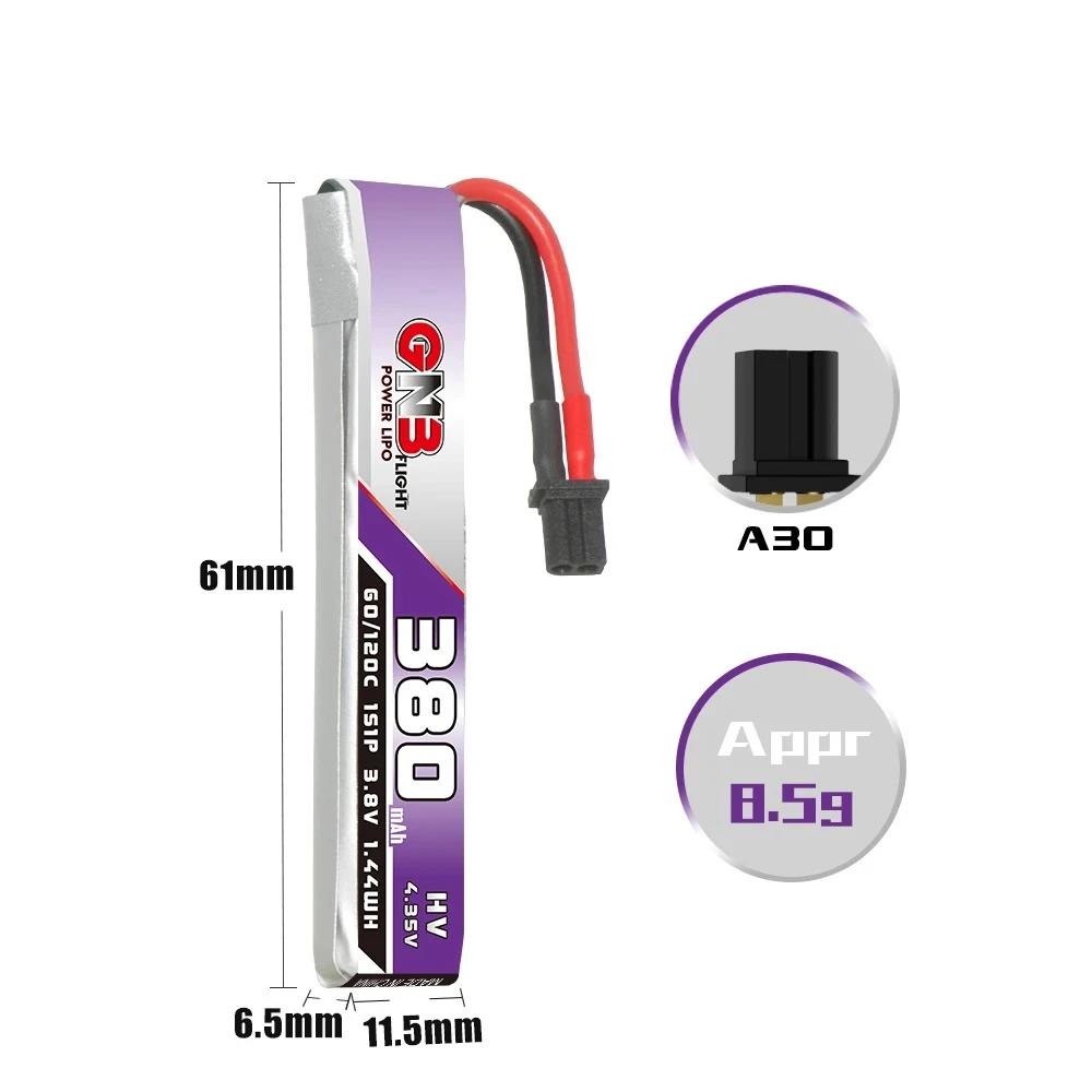 GAONENG GNB 380mAh 1S 3.8V Lipo Battery 60C A30 Cable For 65mm FPV Drone, BetaFPV Meteor65 Pro ELRS, Brushless Quads,Tiny Whoop
